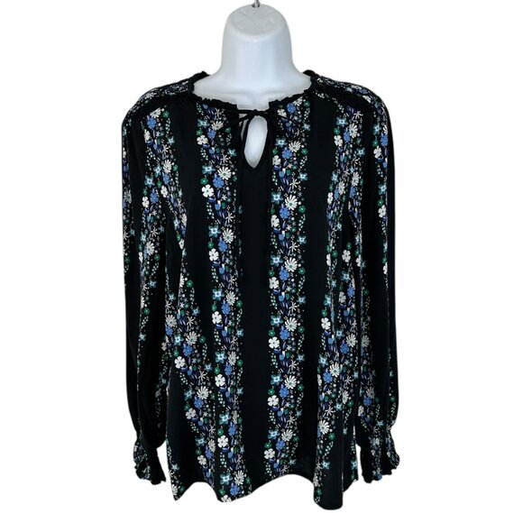 Talbots Women's Size M Dark Floral Striped Smocked Black Blouse - Picture 2 of 9